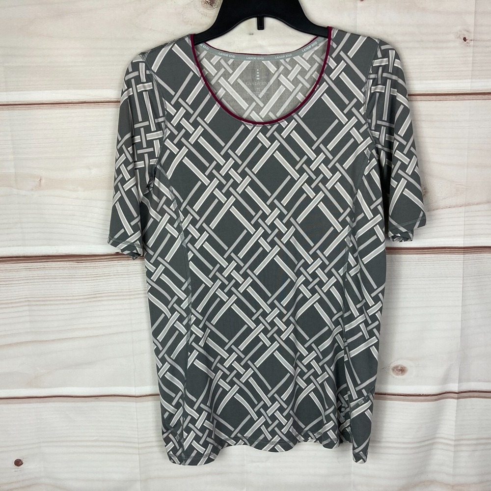 Lands End Top Womens XS Gray Geometric Print Short Sleeve Tunic‎ Knit T-Shirt